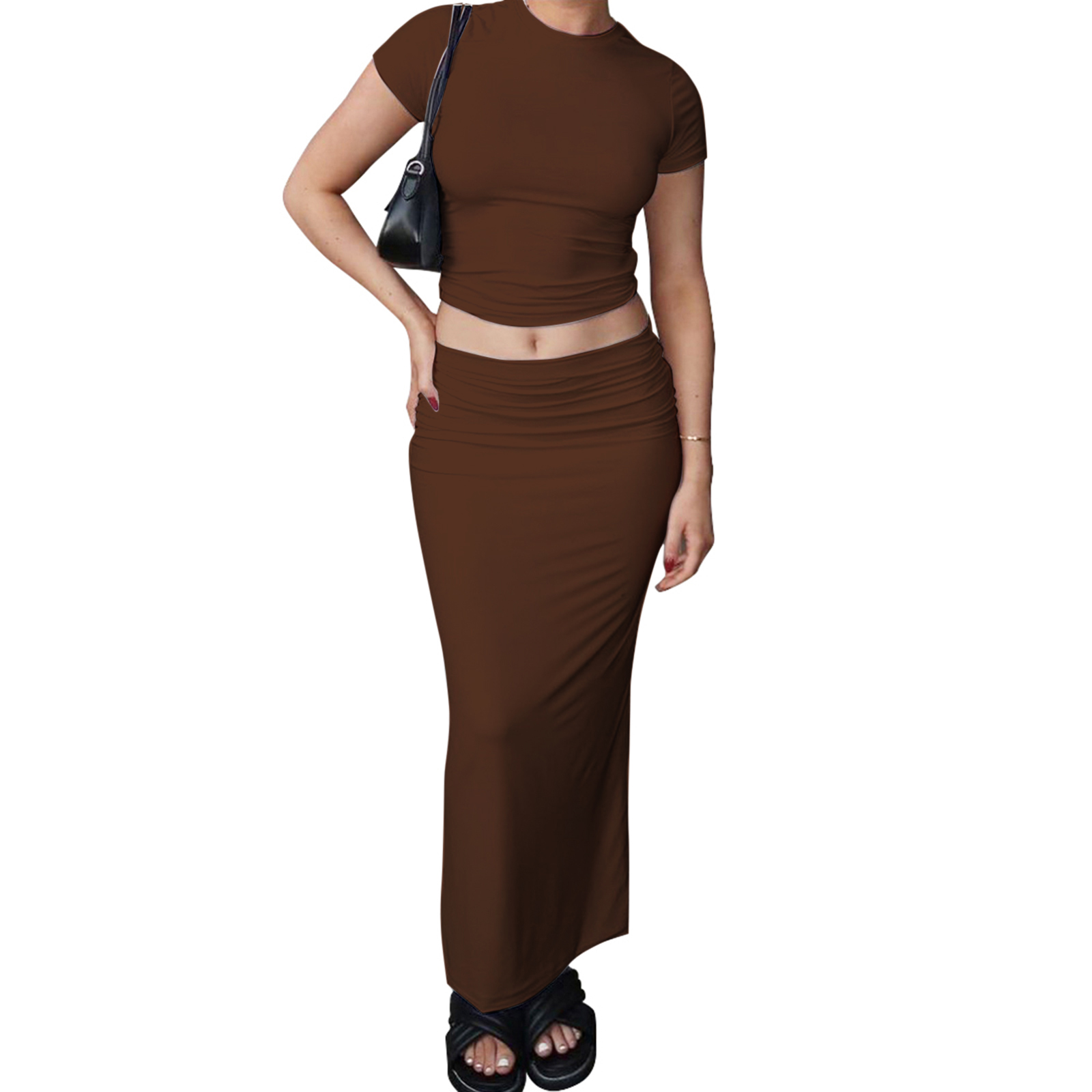 Combhasaki Women’s 2Piece Summer Y2K Slim Fit Outfits Set Short Sleeve Solid Color Crop Tops + Wlastic Waist Packaged Long Skirt: L / Dark Brown