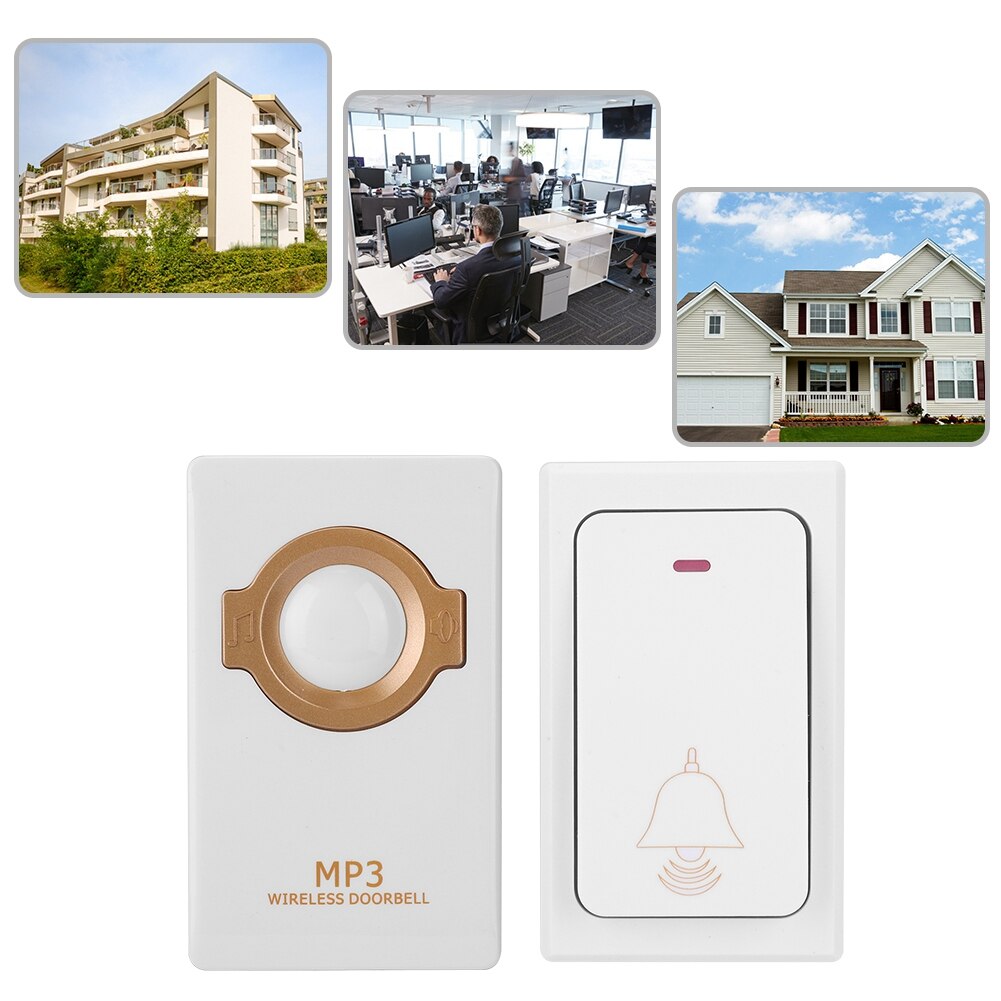 Juego de timbre MP3 inalámbrico con botón remoto autoalimentado + enchufe estadounidense del receptor 100-240V