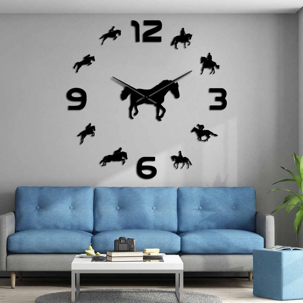 Reit Quarz Uhr Batterie Betrieben Selbst Klebe DIY 3D Wanduhr Reiten Große Nadeln Spiegel Effekt Hause Dekor