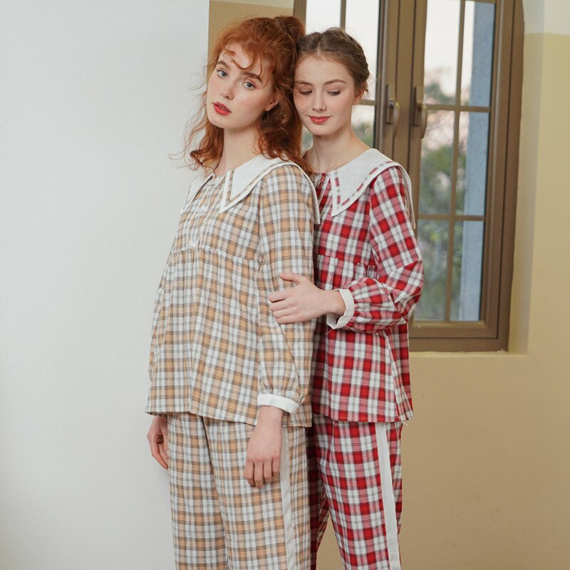 Pyjama Vrouwelijke Pop Kraag Aardbei Kamerjassen Voor Vrouwen Plaid Lange Mouwen Vrouwelijke Leuke Casual Vrouwelijke Homewear Pak