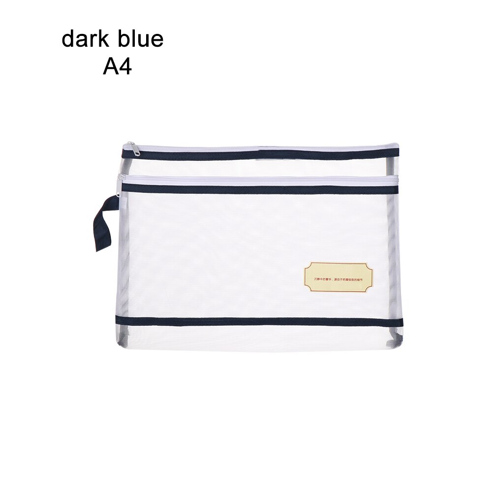 1 PC A4/A5/A6 Nylon Mesh Document File Double Pocket Pencil Case Zipper Notebook Bag Office Stationery Storage: A4 dark blue