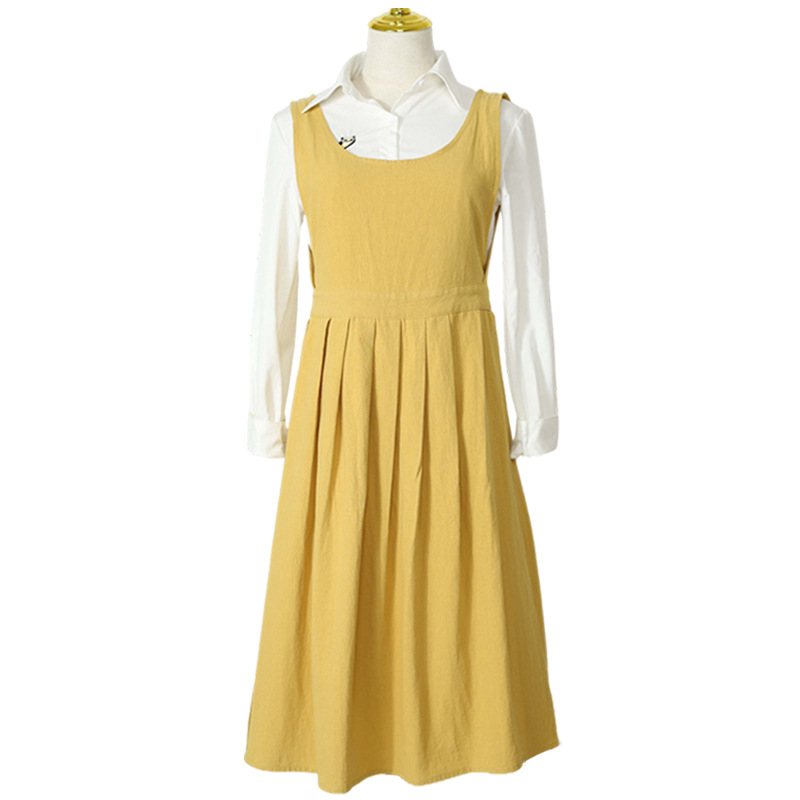 Washed cotton linen Kitchen Apron For Cooking Baking Flower Shop Ruffles work clean apron for woman uniform lady Dress: dark yellow
