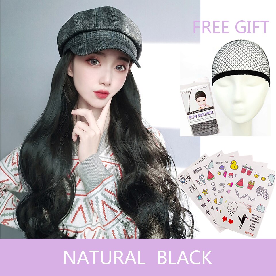 HUAYA casquette avec cheveux longs ondulés perruques pour femmes chapeau perruque synthétique chapeau Extensions de cheveux naturel faux cheveux: GZ03-138-2