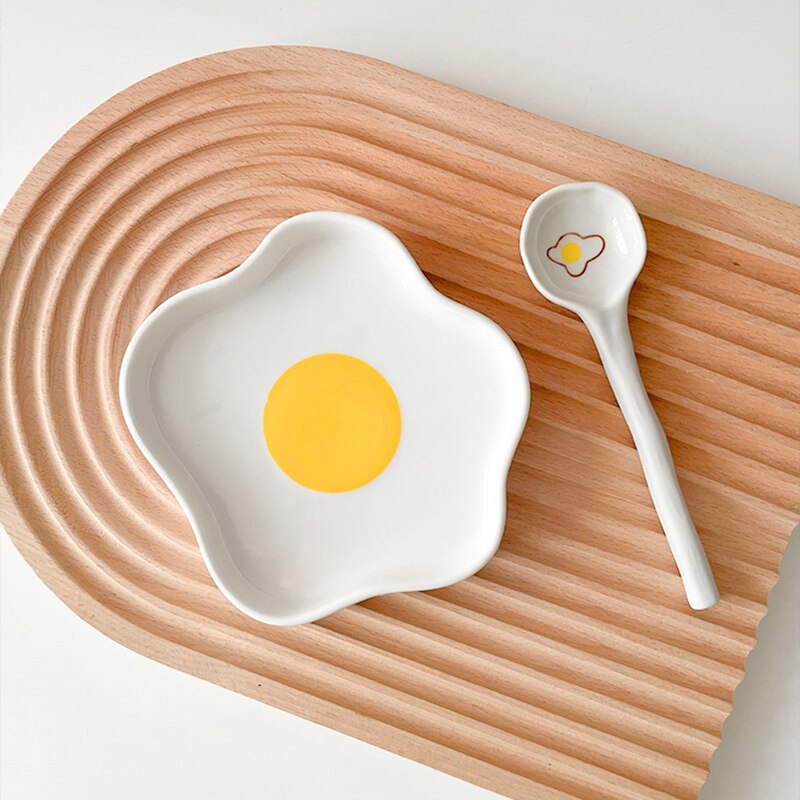 Assiette à œufs pour aliments en céramique Kawaii, gâteau de petit déjeuner, fruits, Dessert, salade, plats décoratifs avec cuillère, vaisselle de cuisine,: White B