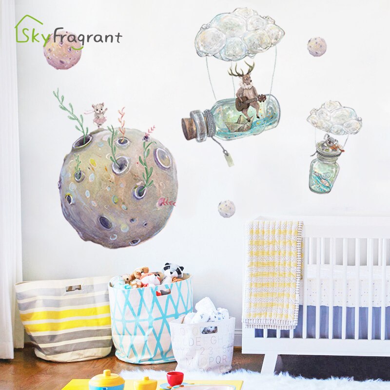 Planeta , decoración de habitación de niños, pegatinas de animales de dibujos animados para pared, pegatina infantil para dormitorio de bebé, autoadhesiva para decoración del hogar
