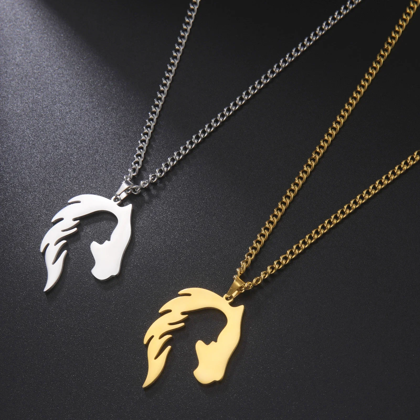 Horse Head Silhouette Girl Pendant Necklace Hollow Stainless Steel Choker for Women Jewelry