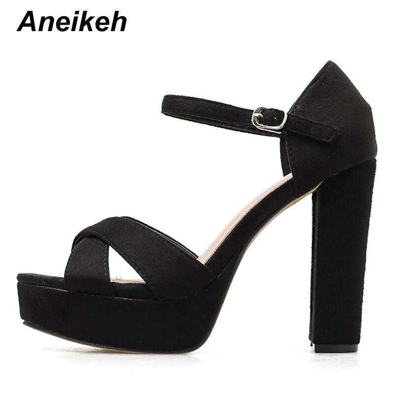 Aneikeh Flock Gladiator Sandalen Vrouw Peep Toe Platforms Hoge Hakken Enkelbandje Pompen Partij Nachtclub Schoenen Maat 42