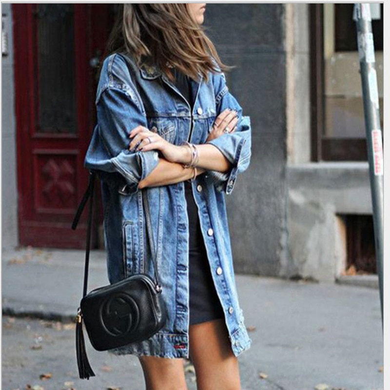 Vintage denim jakker kvinder hul stil jean jakke denim løs forår efterår denim jeans frakker stil