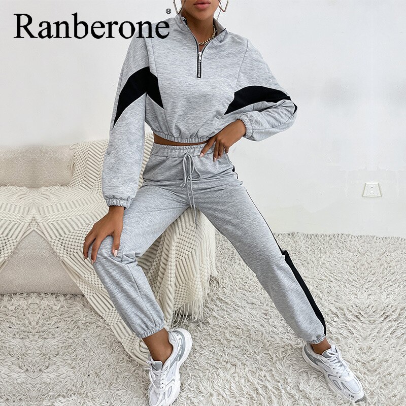 Ranberone Women&#39;s Loose Sports Casual Natching Long-Sleeved Sweater Fitness Suit Tracksuit Grey jogging Suit Sets Lady