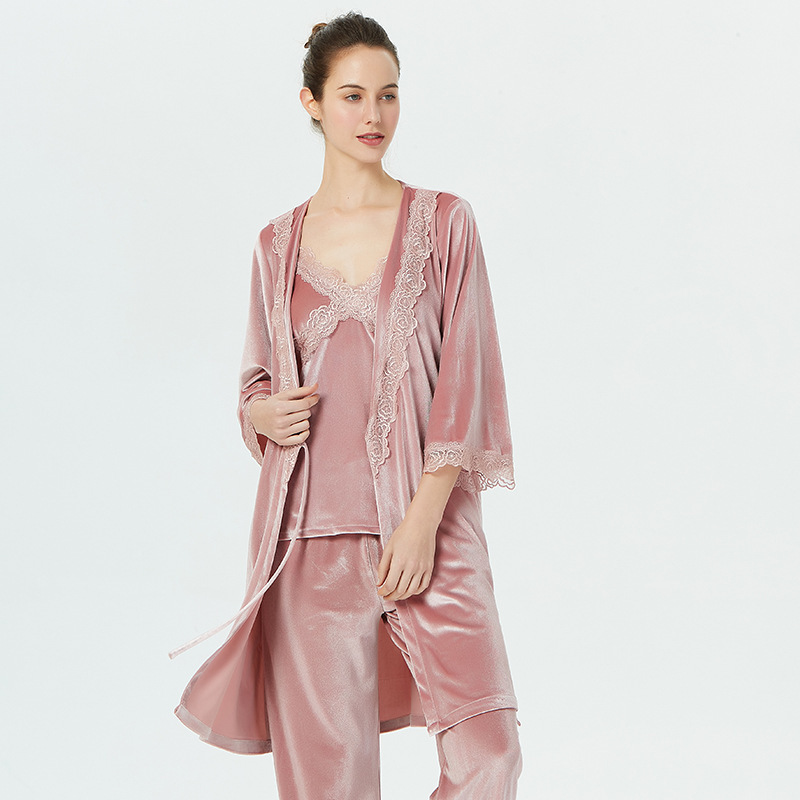 Camisón de terciopelo para mujer, traje de tres piezas, SEXY, con encaje y pantalones, para primavera y otoño: 2 / M