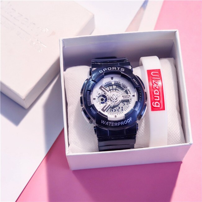 Unieke dameshorloges, wit dames sporthorloge, waterdicht, dual time led digitaal horloge voor meisjes en jongens, trendy: Zwart wit