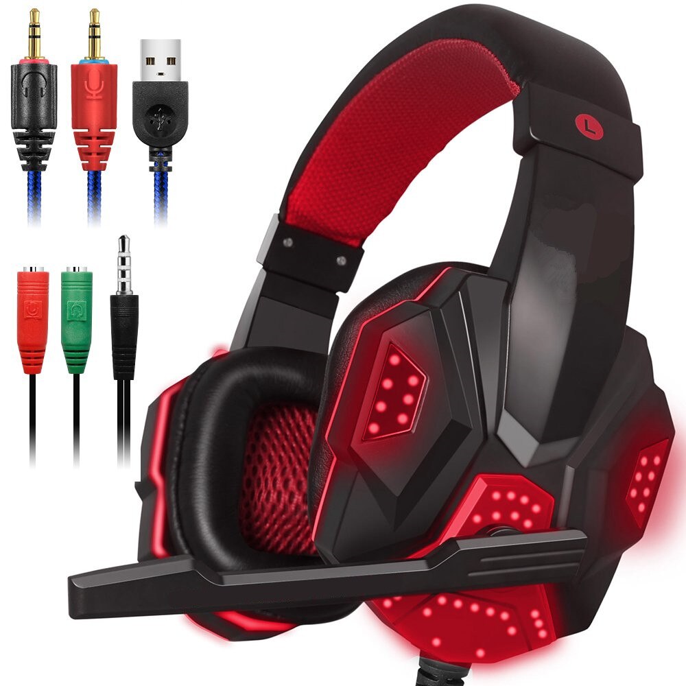 HYASIA LED Light Headset Bass Gaming Headphones Wire Game USB 3.5mm Suitable for PS4 Computer Game With Mic Gaming Earphone PC: Red