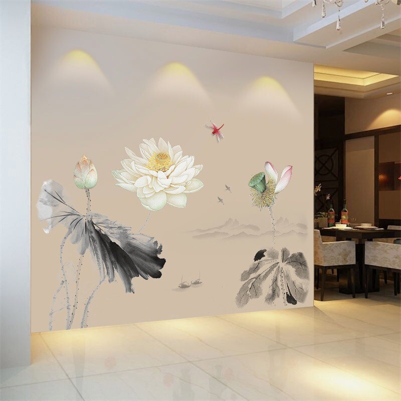 Chinese Stijl Inkt Lotus Muursticker Home Sofa/Tv Achtergrond Verfraaien Decoratie Woonkamer Muurschildering Poster Stickers Art Decals