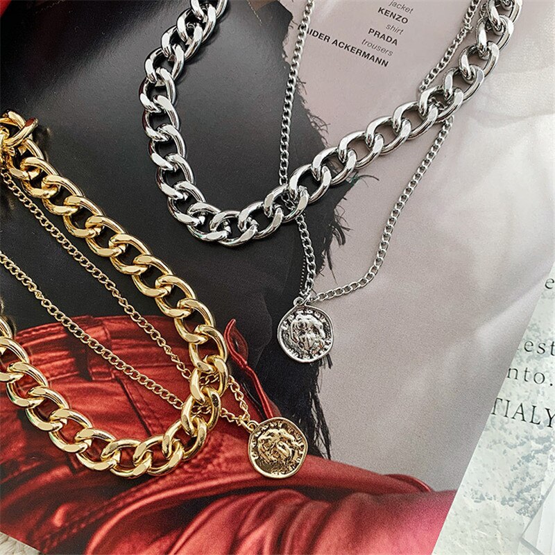 Retro Portrait Exaggerated Thick Chain Necklace Double Layer Cool Chain Hip Hop Necklace Short Clavicle Chain