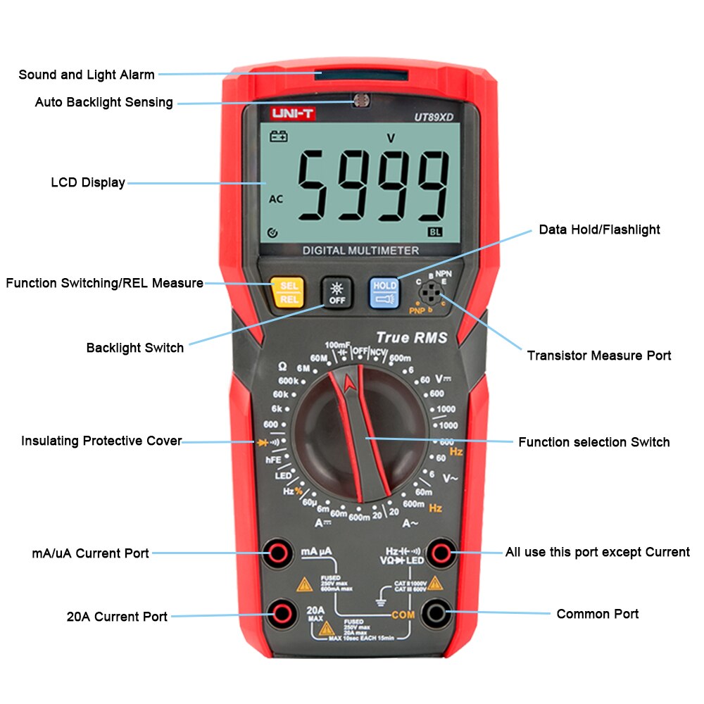 UNI-T UT89XD Digital Multimeter True RMS 1000V 20A AC DC Voltmeter Capacitance Resistance Tester with LED Measure