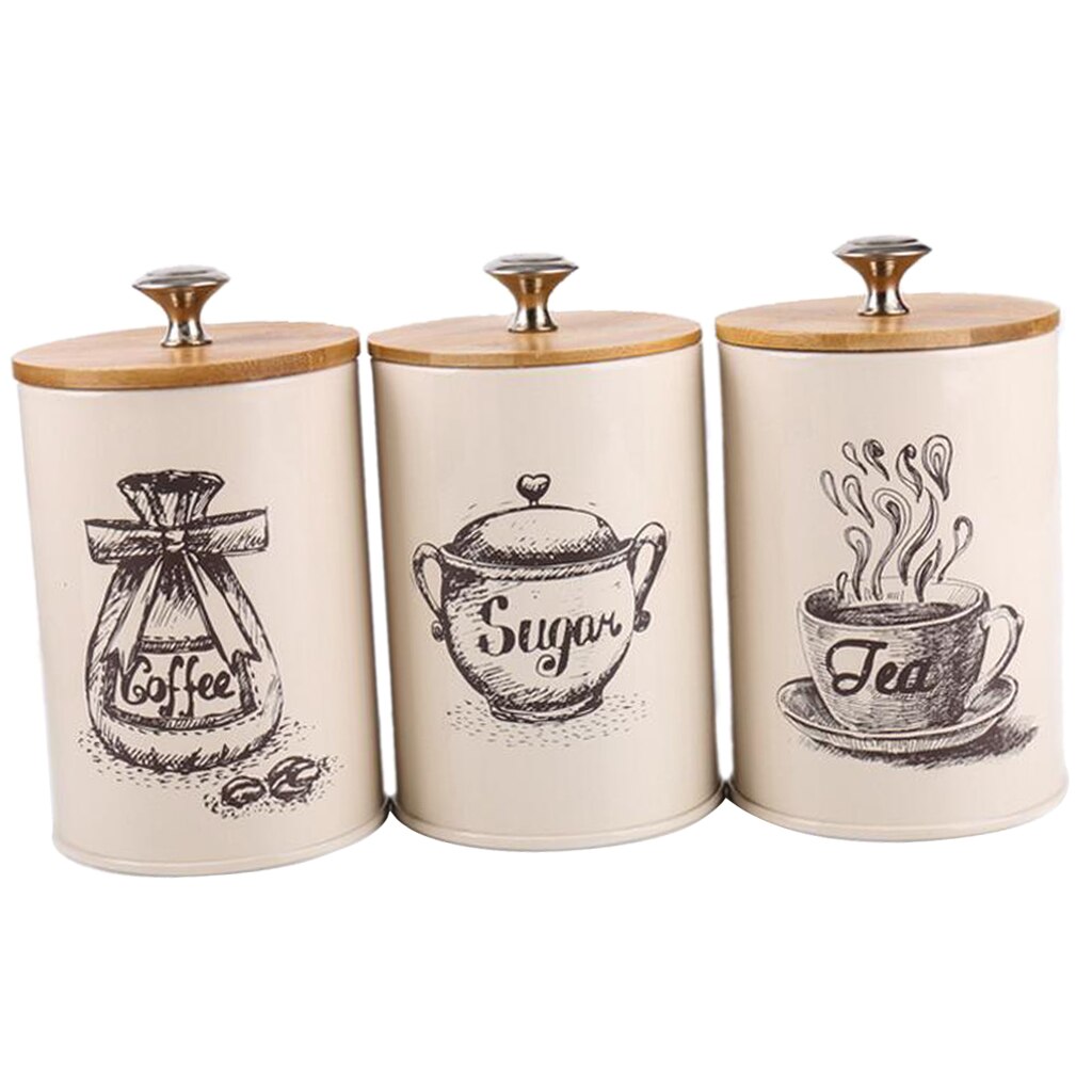 3Pcs Keuken Opslag Blikken Bus Set Bamboe Deksel Thee Koffie Suiker Brood Bin Jar