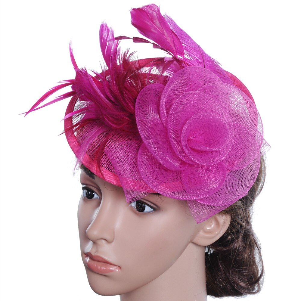 Specielt til dame fest hatte kvinder bryllup fascinator mesh hat bånd fjer fest hat: Hot pink