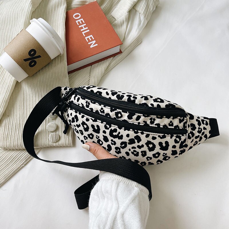 Canvas-bauchtasche, schultertasche aus leoparden-samt, umhängetasche, brusttasche, damen-bauchtasche, street-sport-bauchtasche, handytasche, gürteltasche: Leopardenweiß