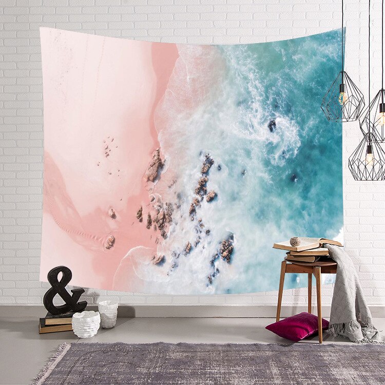 Tapisserie mer soleil océan plage tenture murale eau paysage plage décor bleu nuage bleu mousseux à la main polyester couverture: 200-150cm / 6