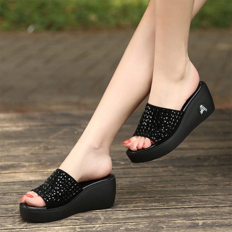 Zapatillas de mujer para el hogar informales para mujer, cuñas deslizantes de verano para mujer, calzado interior antideslizante de cristal liso, cómodas para mujer
