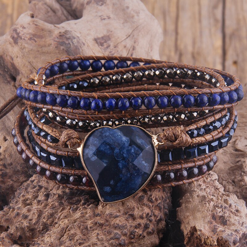 RH Handma-pulsera Bohemia con piedras naturales mezcladas, colgante de corazón, 5 pulseras de tiras, para mujer: dark blue