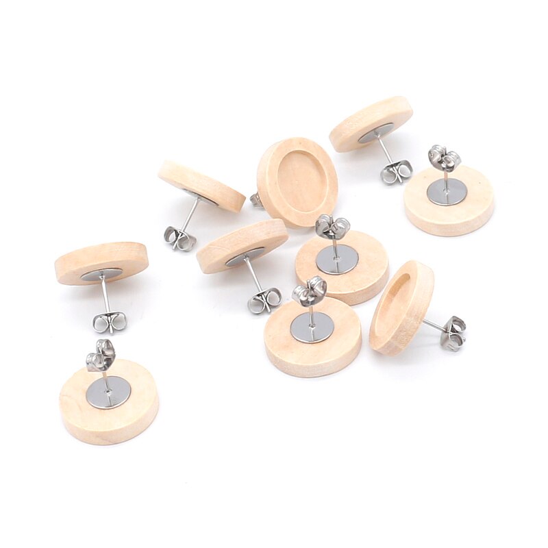 20pcs Blank Hout Cabochon Earring Base Roestvrij Iron Earring Studs (met Ear Plug) Base, fit 12mm Glas Cabochons