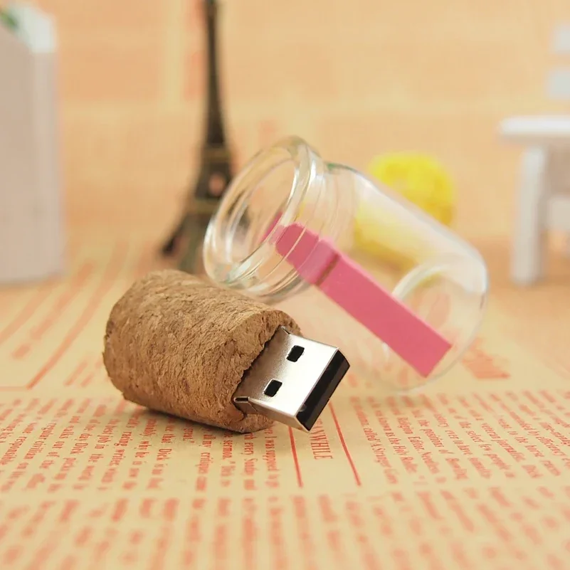 Pendrive USB 2.0 128GB - Szklana Butelka z Korkiem - 10 sztuk - Darmowe Logo na Zamówienie - 16GB 32GB 64GB