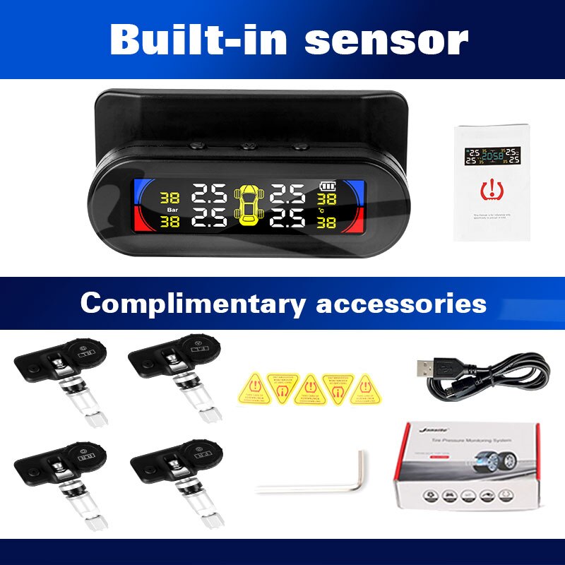 Car TPMS Tire Pressure Monitor System Automatic Brightness Control Solar Charging USB Adjustable IP67 Screen 4 External Sensor: Built-in sensors