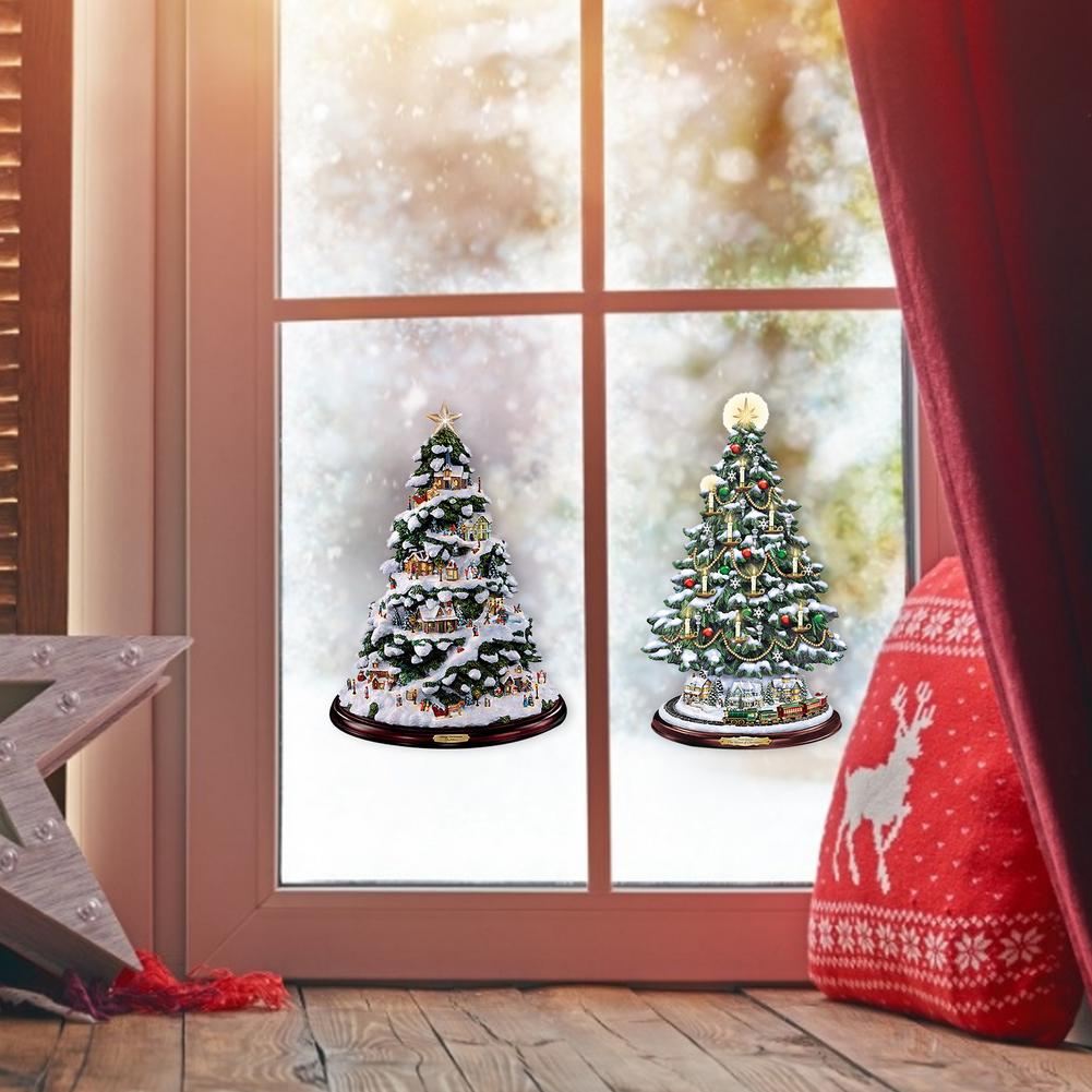 3D Christmas Tree Window Stickers Village Houses Winter House With Lighting Santa Claus Snowman Wall Stickers For Home