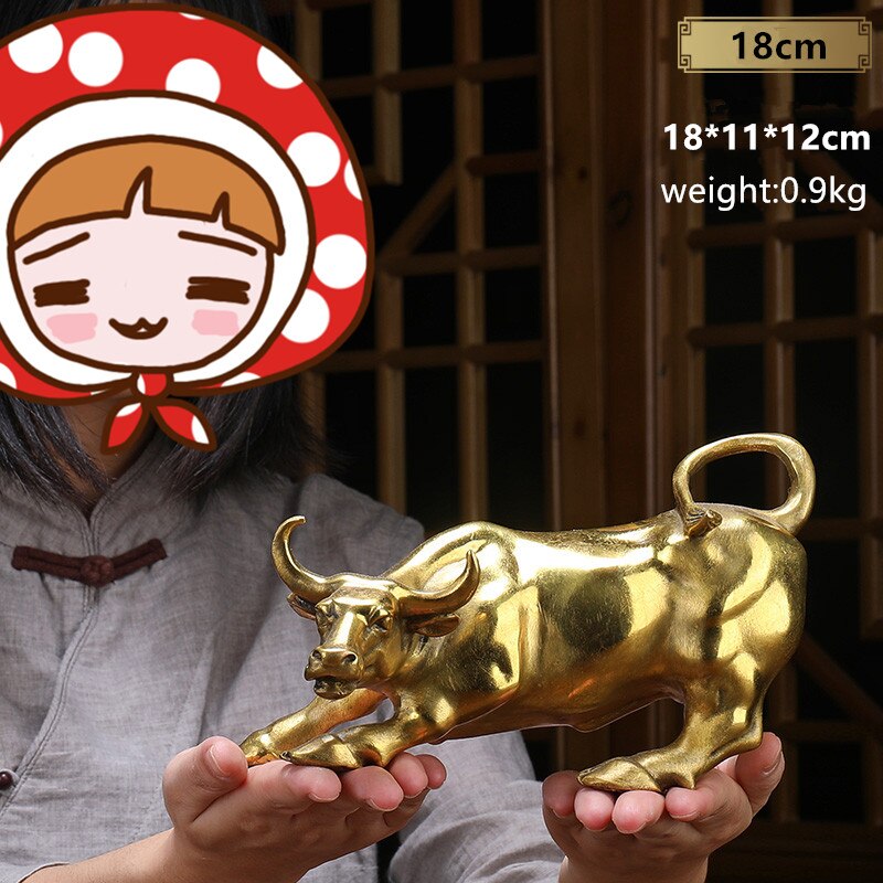 100% Brass Bull Wall Street Cattle Sculpture Copper Cow Statue Mascot Exquisite Crafts Ornament Office Decoration Business: 18cm