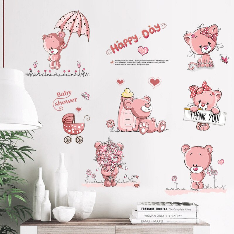 Happy Pink Bear Wall Stickers for Kids Rooms Home Decor DIY Cartoon Wall Decals Modern Warm Bedroom Decoration Mural Art Sticker