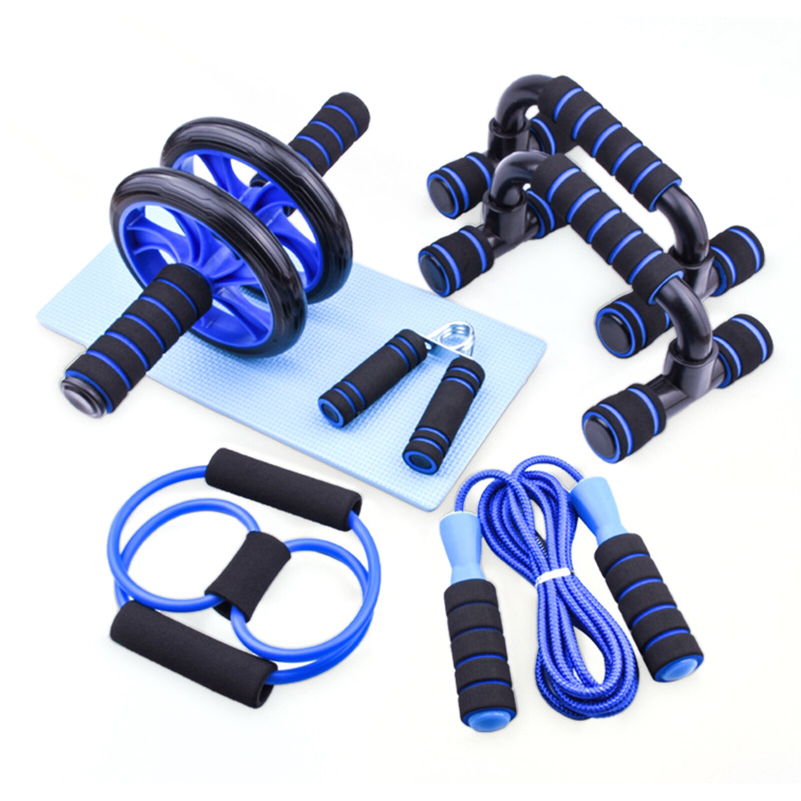 7 PCS AB Roller Set Roller Machine Abdominal Muscle Trainer Push Up Frame Resistance Bands Jump Rope Fitness Equipment Home Gym
