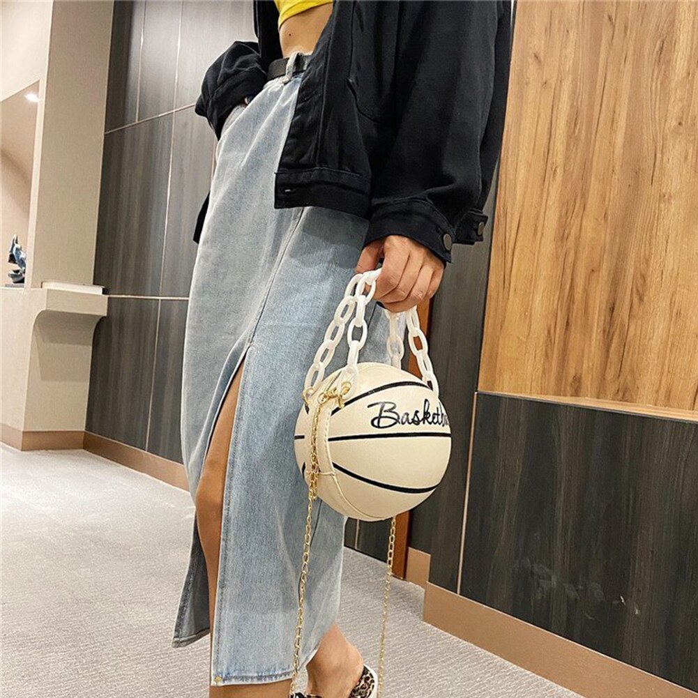 Basketbal Ronde Vormige Schoudertassen Voor Vrouwen Acryl Ketting Toevallige Kleine Totes Purse Pu Lederen Messenger Crossbody Handtassen