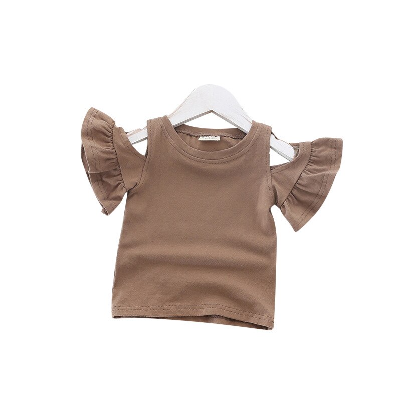 Zomer Leuke Meisjes T-shirt Ruches Off Shoulder Effen Kleur Flouncing Korte Mouw Ronde Kraag Top Kinderen