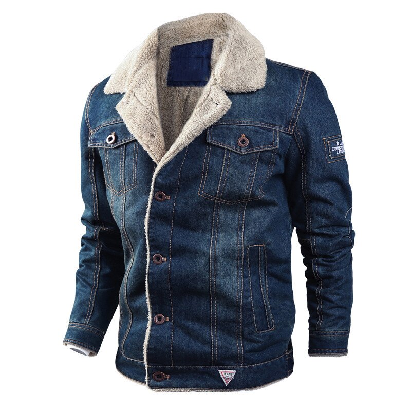 Men's Jackets Winter Thermal Denim Jacket Fleece Thicken Warm Denim Coat Windproof Motorcycle Cow Jackets: Dark Blue / L