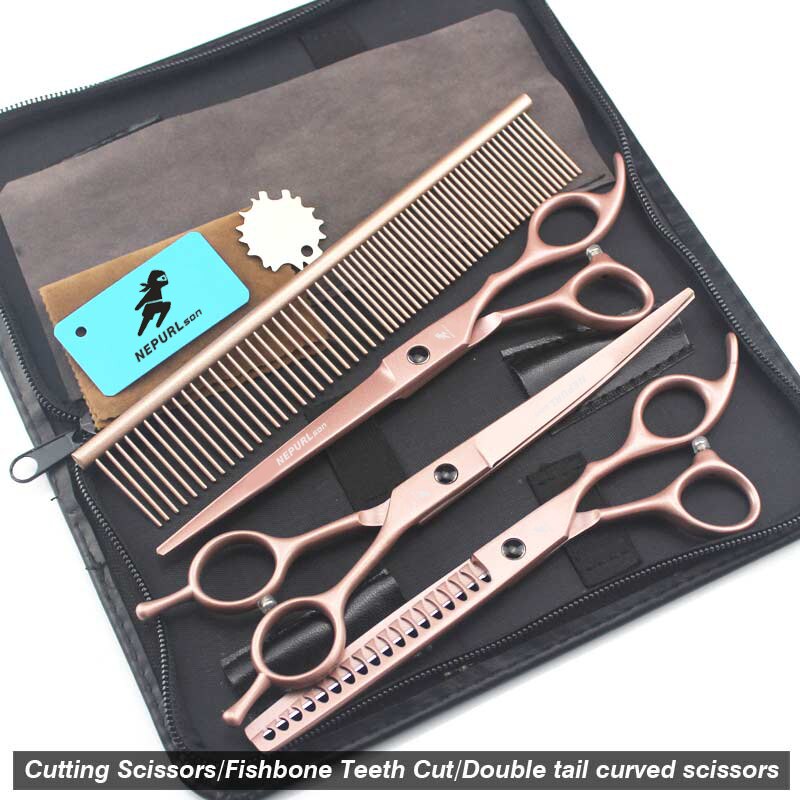 7.0inch pet grooming scissors set straight cut teeth cut fish bone scissors prt grooming: Set 1