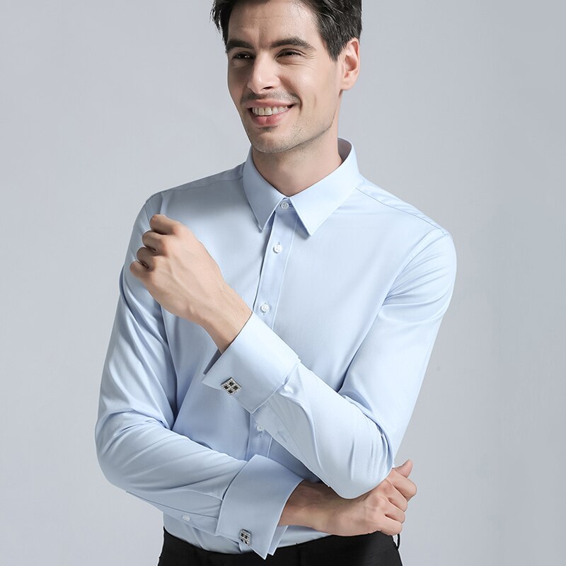 Long Sleeves Cotton Men Dress Shirts Solid Color Business Suits Casual Regular Fit Cufflink Blouse