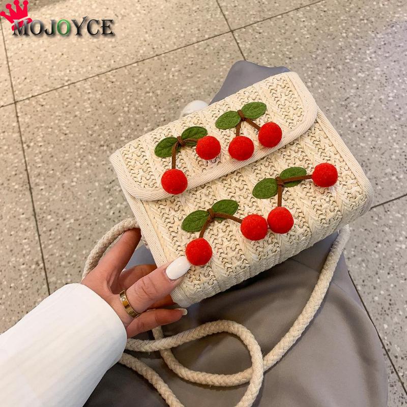 Summer Cherry Straw Messenger Bags Woven Day Clutch Flap Bag Beach Package Crossbody Chain Bags