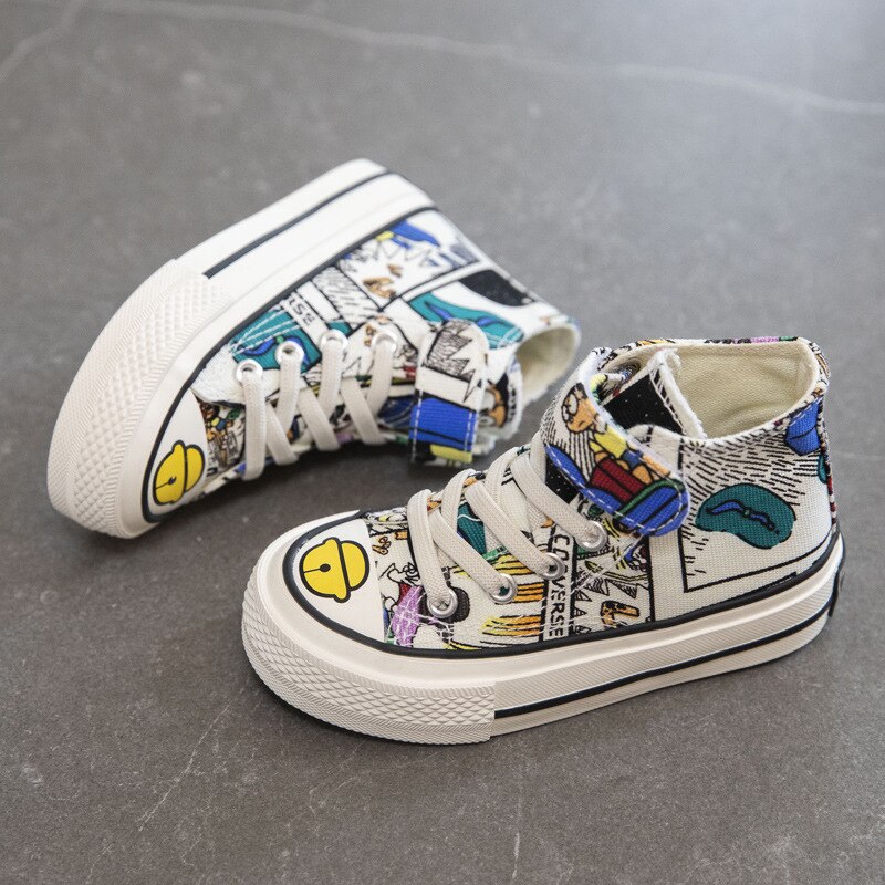 Kinderen Mid Top Canvas Schoenen Meisjes En Jongens Hoge Hak Schoenen Klittenband Kinderen Graffiti Sneakers Voor Tieners