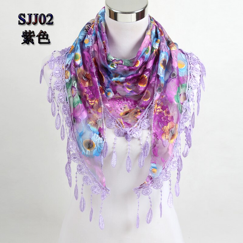 Women Triangle Scarf Lace Floral Summer Beach Tassel Scarves Chiffon Silk Wrap Pashmina Stole Foulard Hijab SJJ02: purple