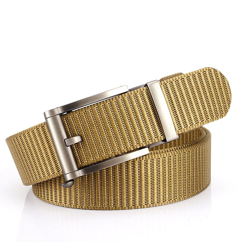 Deepeel 1pc 3.5*120cm canvas riem met automatische gesp, zonder tanden, tankpatroon, dikke nylon tailleband, heren outdoor vrijetijdsriem: Zilveren kameel