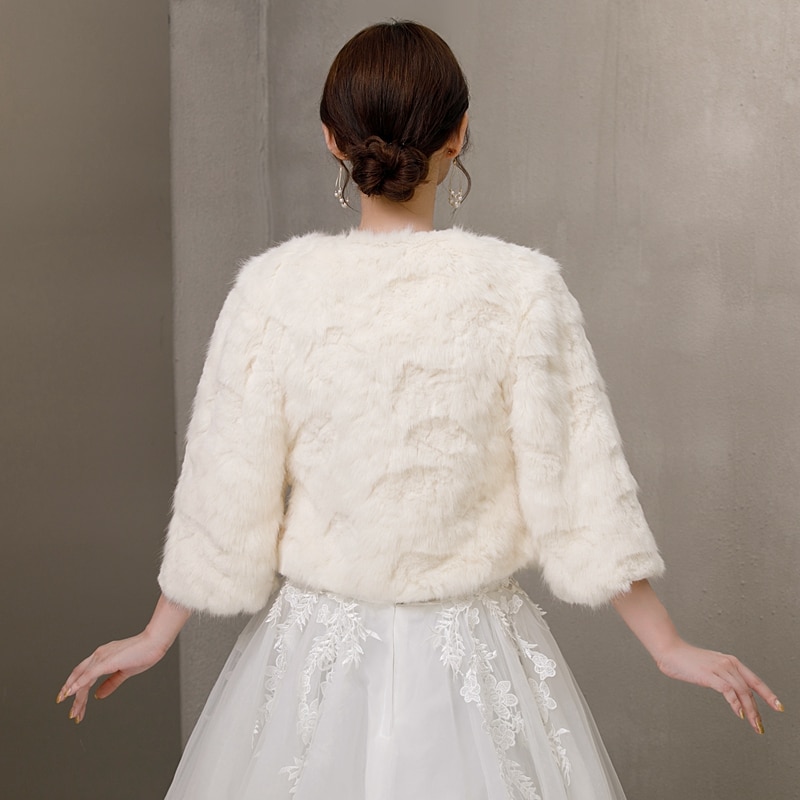 Three Quarter Sleeve Ivory Formal Party Evening Jackets Wraps Faux Fur Wedding Capes Winter Women Bolero Shawls