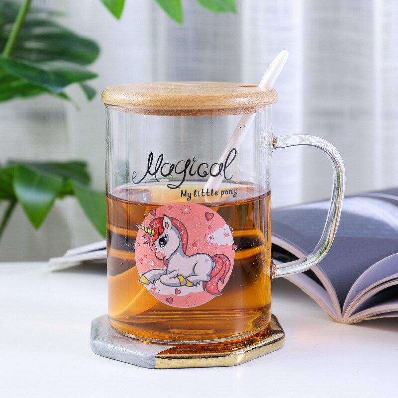 Vaso bonito de unicornio de dibujos animados de 500ML con tapa y cuchara y Asa taza creativa de cristal de leche transparente taza de té taza de desayuno