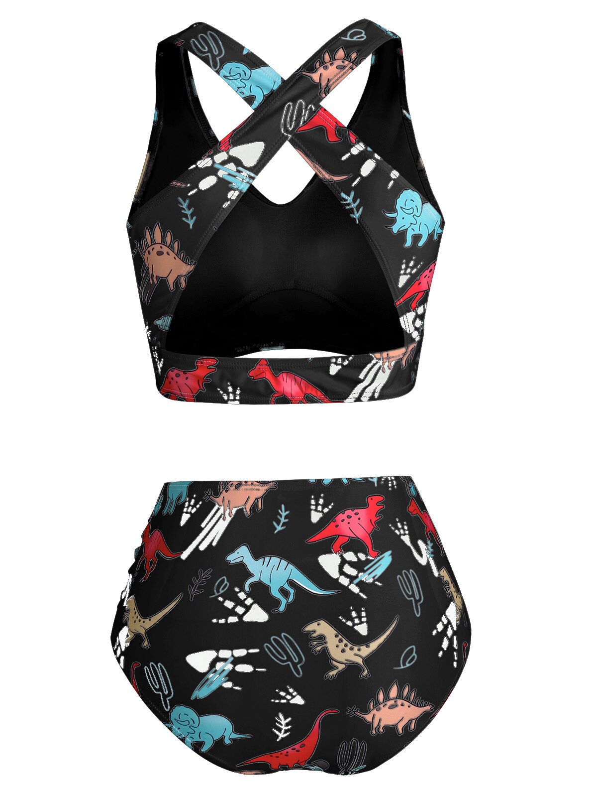 Plus Size Vrouwen Zwempakken Cartoon Dinosaurus Print Bow Detail Padded Tankini Set S ~ 3XL Zwart/Wit Zwemmen suits Beachwear