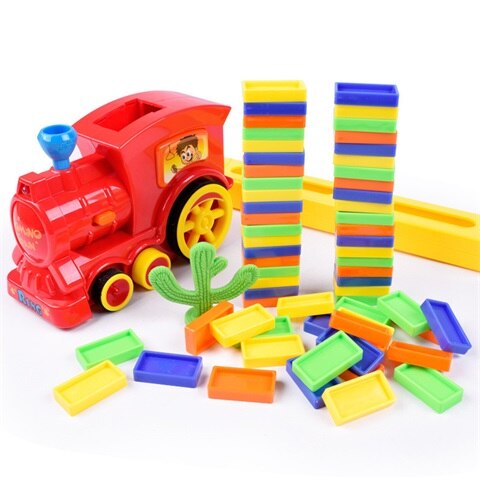 Domino togbillegetøj automatiske sæt  up 60 stk domino med lastning af patronlys og lydlegetøj til børnebarn: Rød ingen kasse