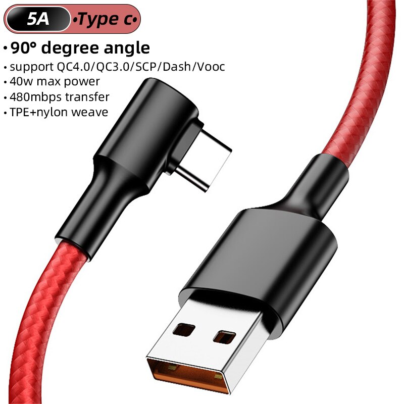 Câble USB de charge rapide QC 3,0 avec 90 degrés de 2 m, pour Samsung Xiaomi Poco X3 Redmi Note 9 Pro Oneplus 8, type c de 0.25m et 1.2 m, 5A,: 90 Degree / 1.2m