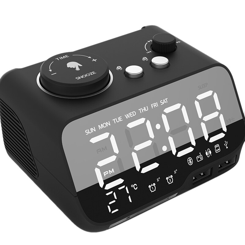 Digitale wekker, bluetooth-luidspreker, fm-radio, temperatuur, snooze, helderheidsdimmer voor de slaapkamer, slaaptimer: Eu-stekker zwart