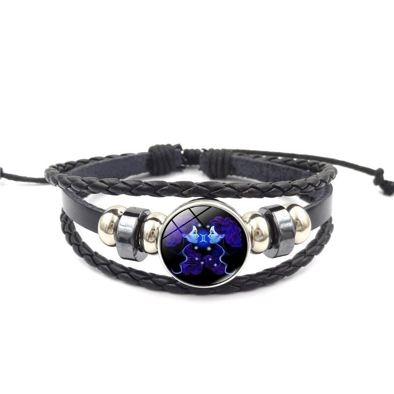 12 Constellation Zodiak Teken Blauw Glas Lederen Armband Ram Waterman Leeuw Maagd Geweven Glas Dome Sieraden Punk Mannen Armband: Gemini