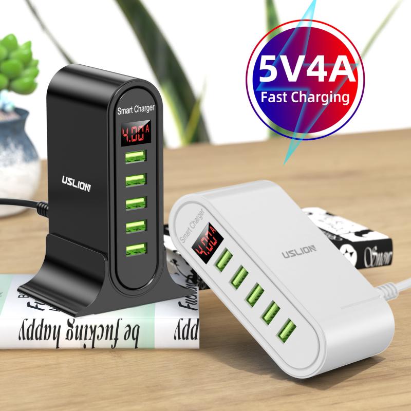 5 Port USB Charger HUB LED Display Multi USB Charging Station Dock Universal Mobile Phone Desktop Wall Home EU UK Plug