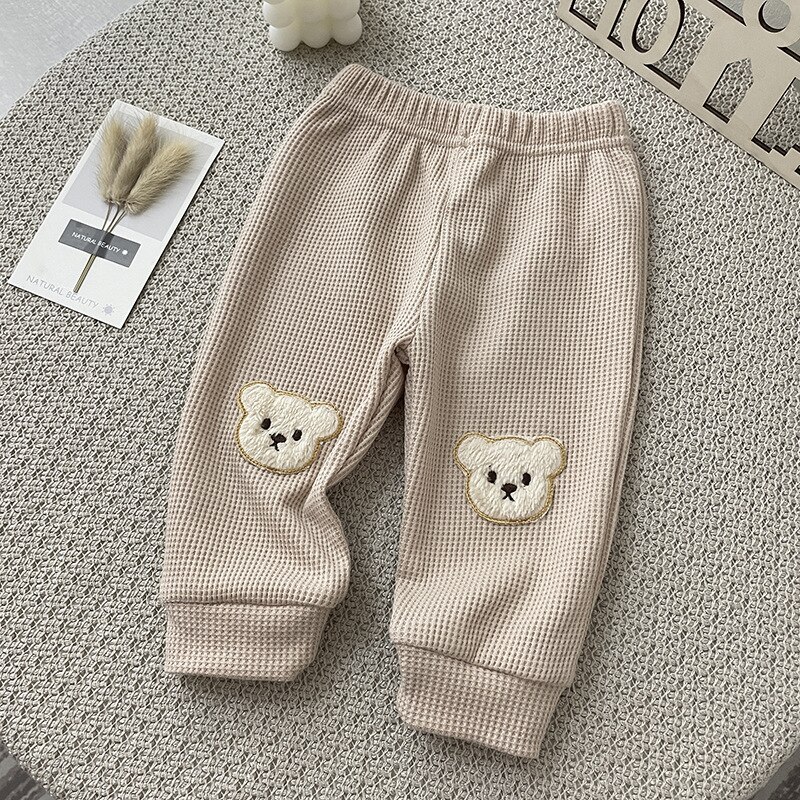 8874 bebê calça outono 2021 novo waffle urso calças bonito moda bebê menino calças adorável urso menina calça 0-3year crianças